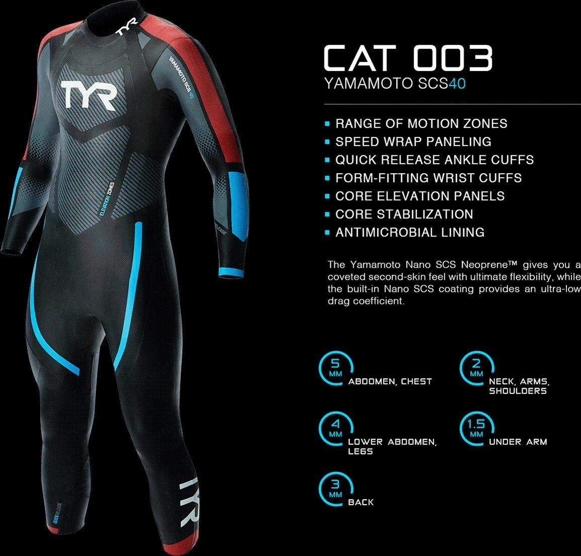 TYR Wetsuit Men Category 3 Wetsuit Black/Red/Blue 3 TYR Wetsuit Men Category 3 Wetsuit Black/Red/Blue - Image 3