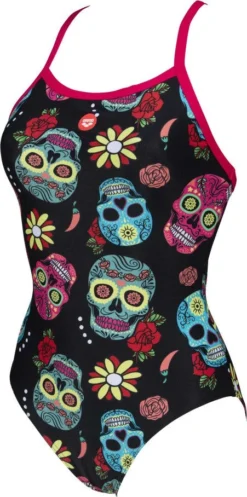Arena Crazy Skulls Carnival Light Drop Back One-Piece Swimsuit Black Pink